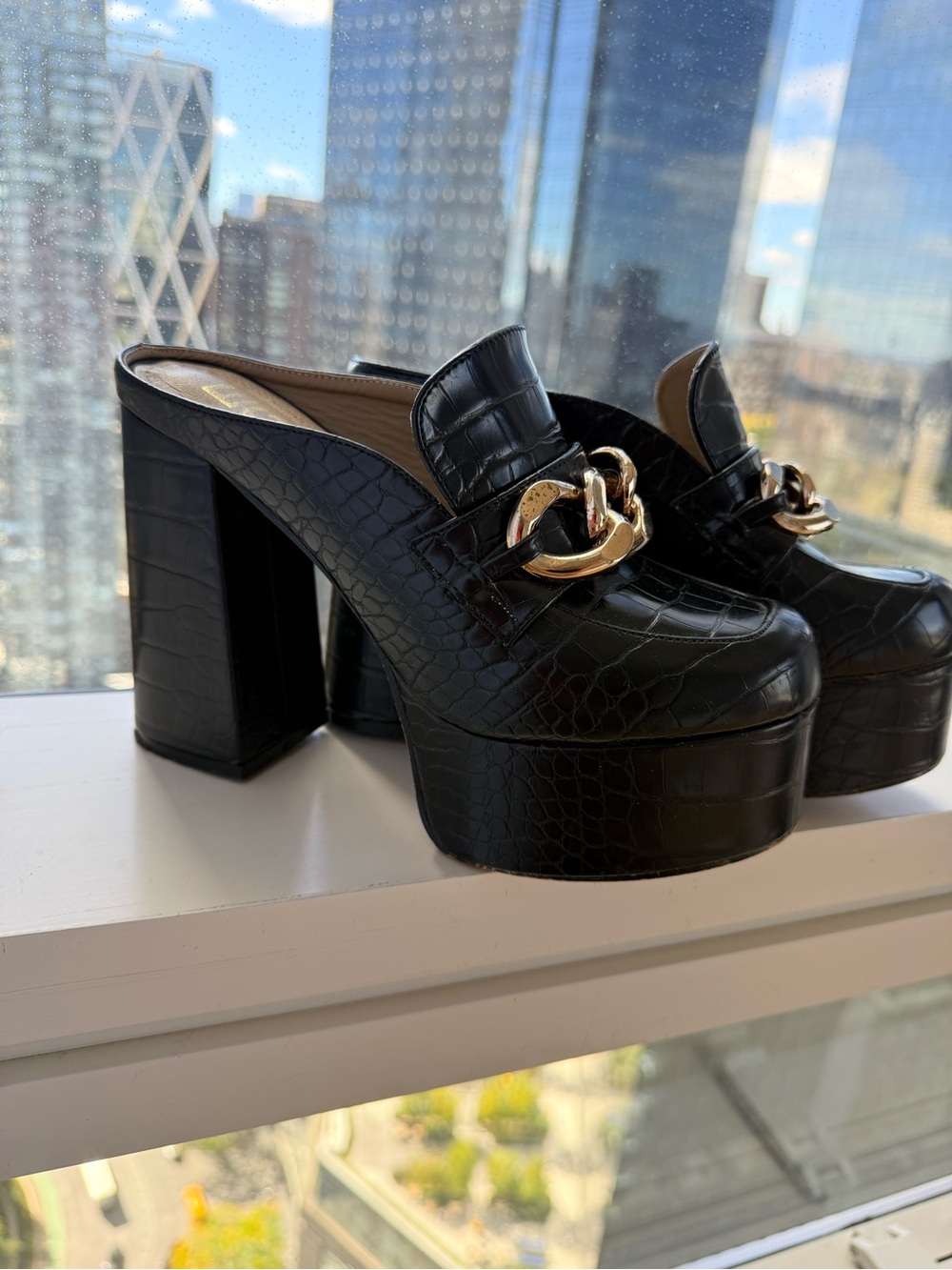 Black Croc-Embossed Platform Mule with Gold Chain Accent